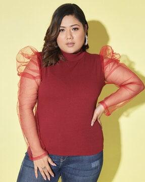 high-neck top with net sleeves
