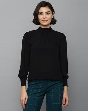 high-neck top with puff sleeves