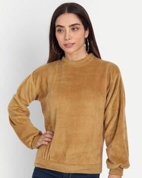 high-neck top with puff sleeves