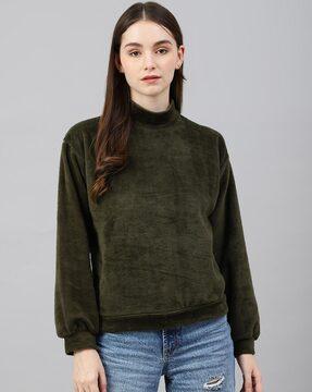 high-neck top with puff sleeves