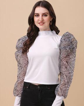 high-neck top with puff-sleeves