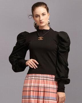 high-neck top with puff-sleeves
