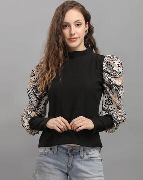 high-neck top with puff-sleeves