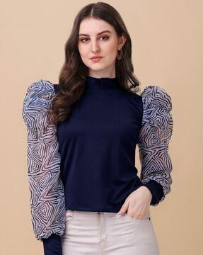 high-neck top with puff-sleeves