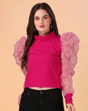 high-neck top with puff-sleeves