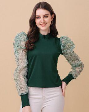 high-neck top with puff-sleeves