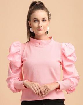 high-neck top with puff-sleeves