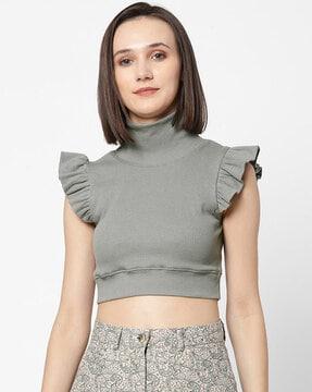 high-neck top with ruffled accent