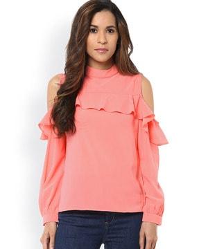 high-neck top with ruffles