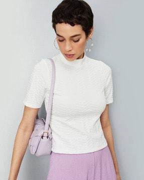 high-neck top with short sleeves