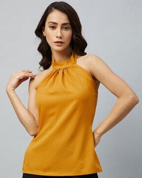 high-neck top with sleevless