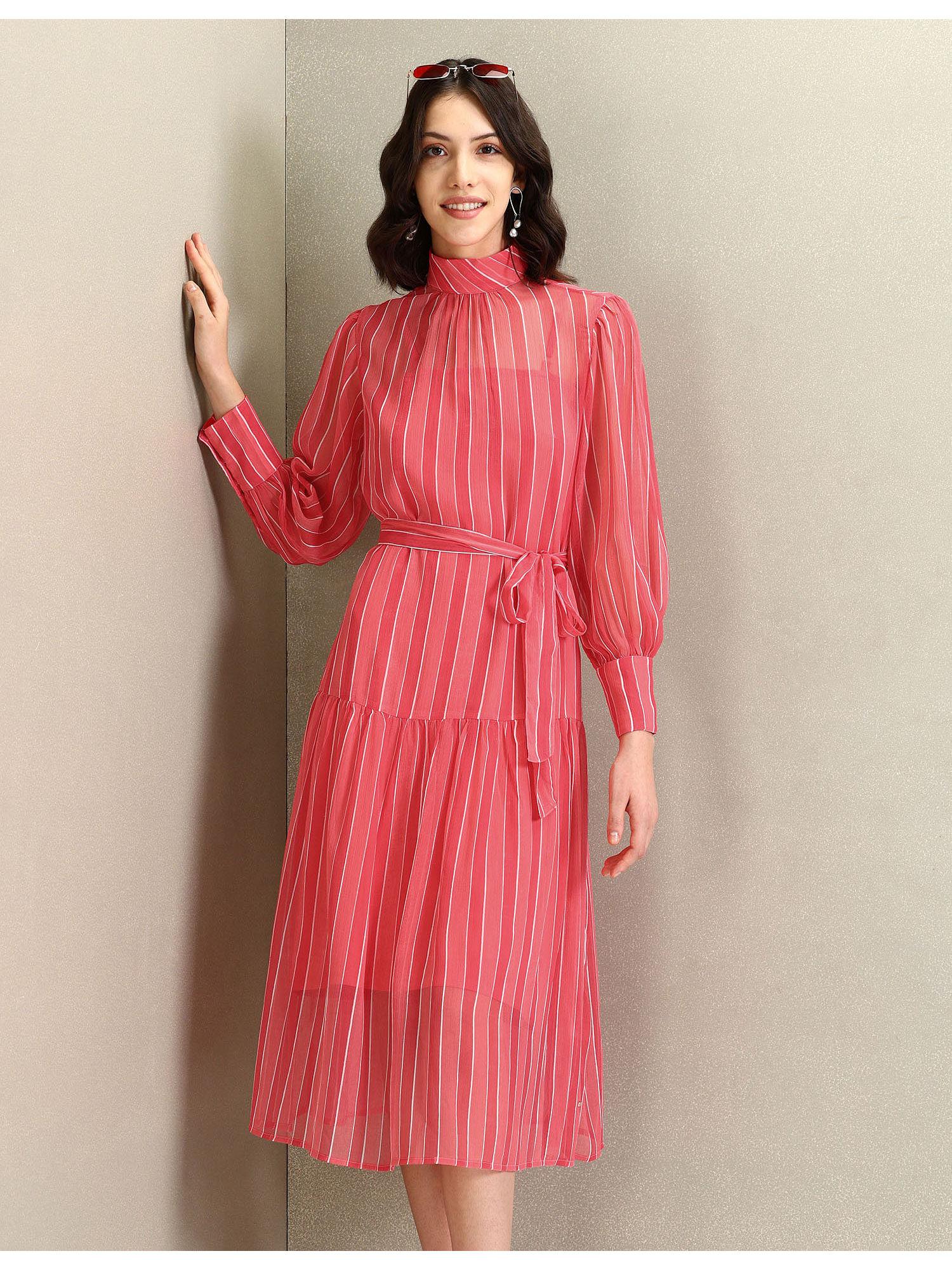 high neck vertical stripe pink dress with belt (set of 2)