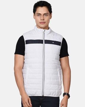 high-neck zip-front quilted jacket