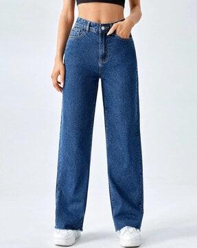 high-rise lightly washed straight fit jeans