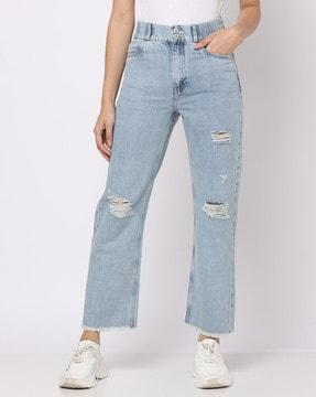 high-rise mid-distressed straight fit jeans