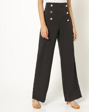 high-rise palazzos with button accents