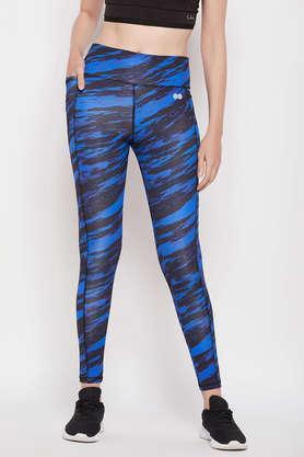 high-rise printed active tights in navy with side pockets - blue