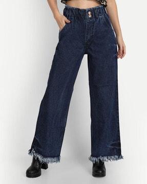 high-rise wide jeans with fringed hem