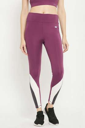 high rise active tights in plum colour with contrast panels & side pocket - purple