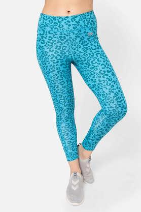 high-rise animal print active tights in teal blue with side pockets - teal