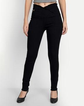 high rise ankle length jeggings with elasticated waistband