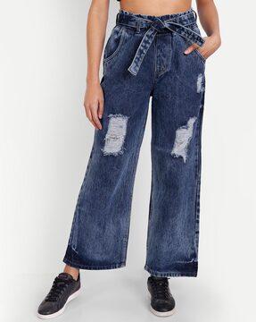 high rise ankle length rugged  wide jeans