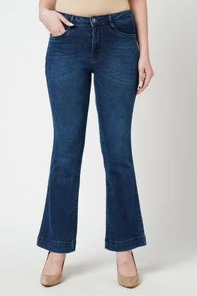 high rise cotton blend flared fit women's jeans - dark blue