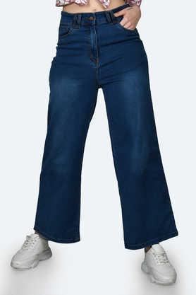 high rise cotton blend regular fit women's jeans - blue