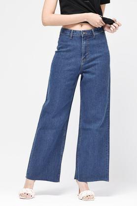 high rise cotton wide leg fit women's jeans - blue