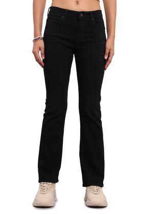high rise dark wash cotton tapered fit women's jeans - black