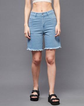 high-rise denim shorts with fringed hem