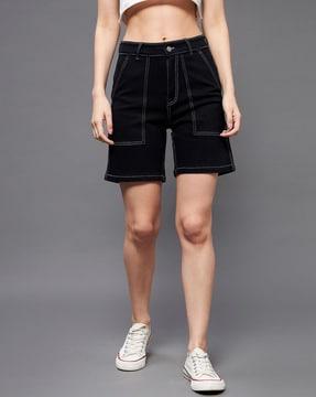 high-rise denim shorts with stitched detail