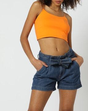 high-rise denim shorts with tie-up waist