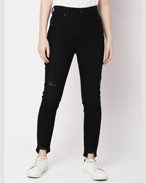 high-rise distressed skinny fit jeans