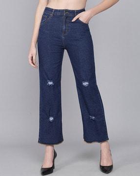 high-rise distressed straight fit jeans