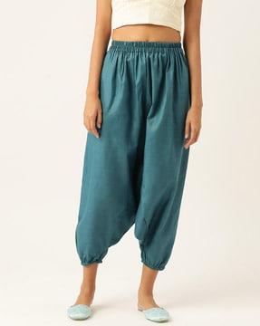 high-rise harem pants with elasticated waistband