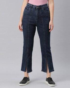 high-rise jeans with slits