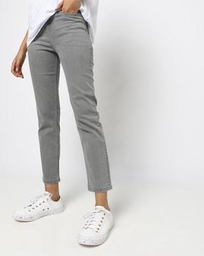 high-rise lightly washed straight jeans