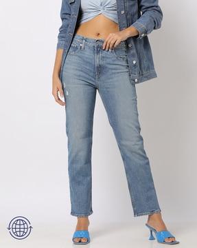 high rise mid wash straight fit jeans with stretch