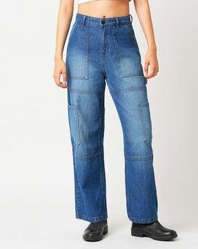 high-rise mid-wash straight jeans