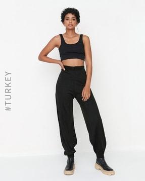 high-rise pants with elasticated waist