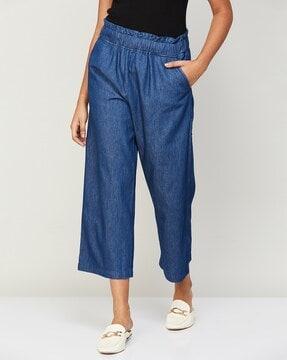 high-rise pants with elasticated waistband