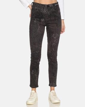 high-rise printed slim fit jeans