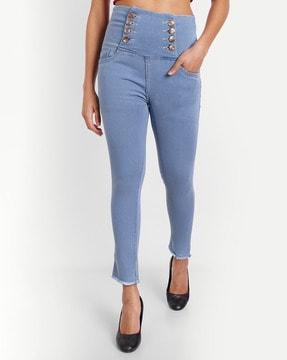 high-rise skinny fit jeans with frayed hem