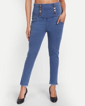 high-rise skinny fit jeans with frayed hem