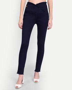 high-rise skinny fit jeggings with frayed hem