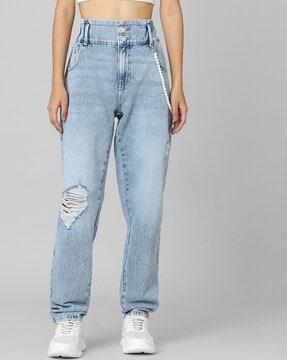 high-rise straight fit distressed jeans