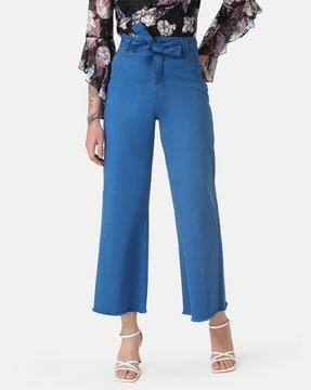 high-rise straight fit jeans with waist tie-up