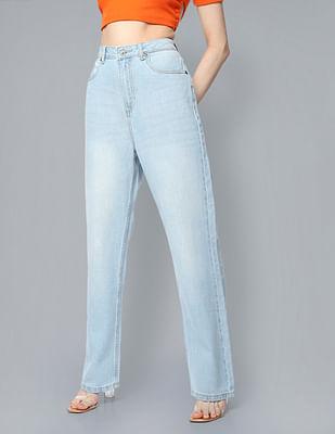 high rise straight fit whiskered jeans