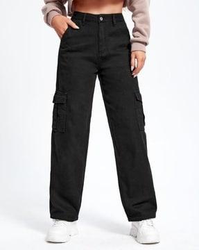 high-rise straight jeans with flap pockets